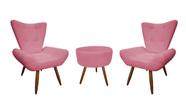 Kit 2 Poltronas Decorativa Emilia + Puff Redondo Suede Rosê Pés Madeira Mz Decor