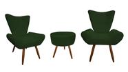 Kit 2 Poltronas Decorativa Emilia + Puff Redondo Suede Verde Pés Madeira Ms Decor