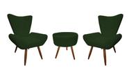 Kit 2 Poltronas Decorativa Emilia + Puff Redondo Suede Verde Pés Madeira Mz Decor