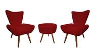 Kit 2 Poltronas Decorativa Emilia + Puff Redondo Suede Vermelho Pés Madeira Mz Decor