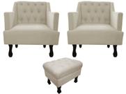 Kit 2 Poltronas Decorativa Julia + Puff Luis Xv Couro Bege Pés Madeira Mz Decor