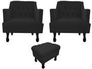 Kit 2 Poltronas Decorativa Julia + Puff Luis Xv Couro Preto Pés Madeira Mz Decor Kit 2 Poltronas Decorativa Julia + Puff Luis Xv Couro Preto Pés Madeira Mz Decor