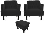 Kit 2 Poltronas Decorativa Julia + Puff Luis Xv Suede Preto Pés Madeira Ms Decor