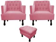 Kit 2 Poltronas Decorativa Julia + Puff Luis Xv Suede Rosa Pés Madeira Ms Decor