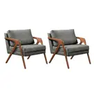 Kit 2 Poltronas Decorativa Mona Luxo Linho Cinza e Base Madeira Maciça