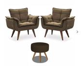 Kit 2 Poltronas Decorativa Opala com Puff Redondo Suede Marrom - Twdecora
