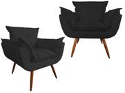 Kit 2 Poltronas Decorativa Opala Couro Preto Pés Madeira Ms Decor