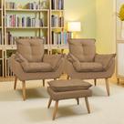 Kit 2 Poltronas Decorativa Opala Pés Palito Suede com Puff Porto Decor