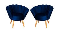 Kit 2 Poltronas Decorativa Pétala Veludo Azul Marinho Pés Madeira Mz Decor