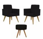 Kit 2 Poltronas Decorativa + Puff Talita Cor Preto Tecido Suede Salão,recepção ,escrtitório Kit 2 Poltronas Decorativa + Puff Talita Cor Preto Tecido Suede Salão,recepção ,escrtitório