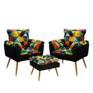 Kit 2 Poltronas Decorativas Beta com Puff Lunar Sued Estampado Colorido com Preto Aradecor