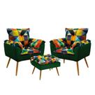 Kit 2 Poltronas Decorativas Beta com Puff Lunar Sued Estampado Colorido com Verde Aradecor