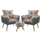 Kit 2 Poltronas Decorativas Beta com Puff Solar Sued Estampado Laranja com Cinza Aradecor Kit 2 Poltronas Decorativas Beta com Puff Solar Sued Estampado Laranja com Cinza Aradecor