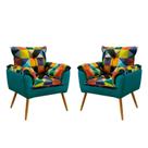 Kit 2 Poltronas Decorativas Beta Sued Estampado Colorido com Azul Turquesa Aradecor
