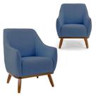 Kit 2 Poltronas Decorativas Em Linho Azul Escuro Com Base De Madeira Berenice Larbelle