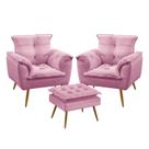 Kit 2 Poltronas Decorativas Estofada Beta e Puff Lunar Sued Rosê Aradecor