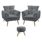 Kit 2 Poltronas Decorativas Estofada para Sala de Estar Beta e Puff Solar Sued Cinza Aradecor