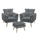 Kit 2 Poltronas Decorativas Estofada Para Sala De Estar Opala e Puff Lunar Sued Cinza Aradecor