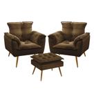 Kit 2 Poltronas Decorativas Estofada Para Sala De Estar Opala e Puff Lunar Sued Marrom Aradecor