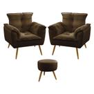 Kit 2 Poltronas Decorativas Estofada Para Sala De Estar Opala e Puff Solar Sued Marrom Aradecor