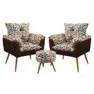 Kit 2 Poltronas Decorativas Estofadas Beta com Puff Solar Sued Estampado Laranja com Marrom Aradecor