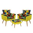Kit 2 Poltronas Decorativas Estofadas Opala com Puff Lunar Sued Estampado Colorido com Amarelo Aradecor