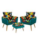 Kit 2 Poltronas Decorativas Estofadas Opala com Puff Lunar Sued Estampado Colorido com Azul Turquesa Aradecor