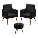 Kit 2 Poltronas Decorativas Estofadas Vega Com Puff Solar Para Sala de Estar Couro Preto Aradecor