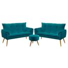 Kit 2 Poltronas Decorativas Namoradeira Opala com Puff Solar Sued Azul Turquesa Aradecor