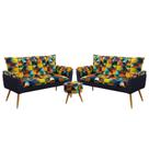 Kit 2 Poltronas Decorativas Namoradeira Opala com Puff Solar Sued Estampado Colorido com Azul Marinho Aradecor