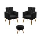 Kit 2 Poltronas Decorativas Nina Com Rodapé e Botões Com Puff Solar Para Sala de Estar Couro Preto Aradecor
