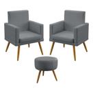 Kit 2 Poltronas Decorativas Nina e Puff Solar Com Rodapé Suede Cinza Aradecor