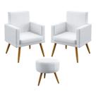 Kit 2 Poltronas Decorativas Nina Rodapé Com Puff Solar Para Sala de Estar Couro Branco Aradecor