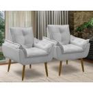 Kit 2 poltronas decorativas Opala cinza claro confortável para sala quarto recepção suede luxo