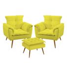Kit 2 Poltronas Decorativas Opala e Puff Lunar Suede Amarelo Aradecor