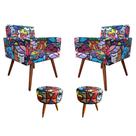 Kit 2 Poltronas Decorativas Para Sala Nina + Puff Redondo Suede Estampado Pé Castanho - Clique E Decore Kit 2 Poltronas Decorativas Para Sala Nina + Puff Redondo Suede Estampado Pé Castanho - Clique E Decore