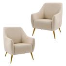 Kit 2 Poltronas Decorativas Para Sala Paloma Pés Palito Ouro Fosco D02 Linho Bege C-129 - Lyam Decor