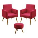 Kit 2 Poltronas Decorativas Vega e Puff Solar Com Rodapé Suede Vermelho Aradecor