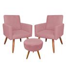 Kit 2 Poltronas e Puff Banqueta Redonda Nina Suede Rosê Pés Palito Castanho - Pallazio