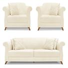 Kit 2 Poltronas e Sofá Living 2 Lugares 1,60m Vênus Linho Bege Pés Castanho - Pallazio