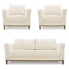 Kit 2 Poltronas e Sofá Living 2 Lugares 1,70m Vega Linho Natural Pés Castanho - Pallazio