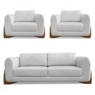 Kit 2 Poltronas e Sofá Living 2 Lugares 1,80m Lottus Linho Cinza Pés Castanho - Pallazio