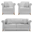 Kit 2 Poltronas e Sofá Living 2 Lugares 1,80m Vênus Linho Cinza Pés Castanho - Pallazio