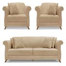 Kit 2 Poltronas e Sofá Living 2 Lugares 1,80m Vênus Linho Dourado Pés Castanho - Pallazio