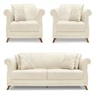 Kit 2 Poltronas e Sofá Living 2 Lugares 1,80m Vênus Linho Natural Pés Castanho - Pallazio