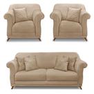 Kit 2 Poltronas e Sofá Living 2 Lugares 1,80m Vênus Suede Bege Pés Castanho - Pallazio