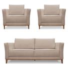 Kit 2 Poltronas e Sofá Living 2 Lugares 1,90m Vega Linho Areia Pés Castanho - Pallazio