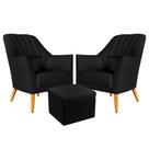 Kit 2 Poltronas Estofada Orion Bordada com Puff Quasar Couro Preto Aradecor