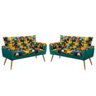 Kit 2 Poltronas Estofadas Namoradeira Beta Sued Estampado Colorido com Azul Turquesa Aradecor