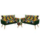 Kit 2 Poltronas Estofadas Namoradeira Opala com Puff Solar Sued Estampado Colorido com Verde Aradecor